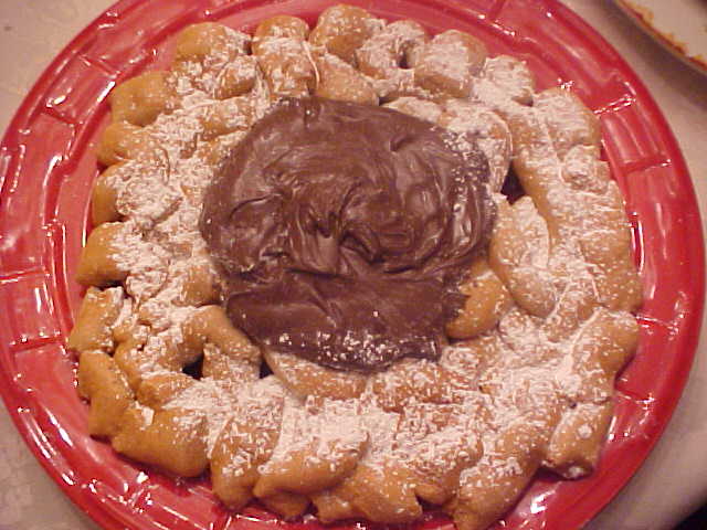 Funnel Cake Topped with Chocolate Pudding