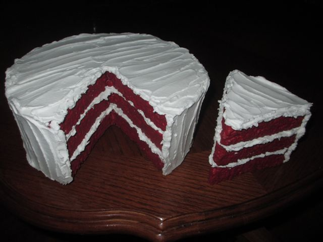 Moms Red Velvet Cake w Slice out