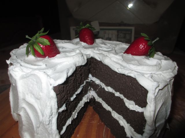 DARK CHOCOLATE CAKE W/ FLUFFY VANILLA FROSTING