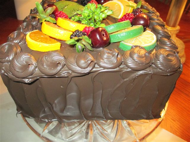 Dark Chocolate Assorted Fruit Topped Cake (See Our Fruit and Bundt Cakes Page)