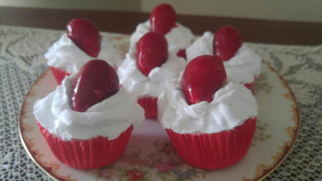 Fluffy Whipped Strawberry Topped Cupcakes