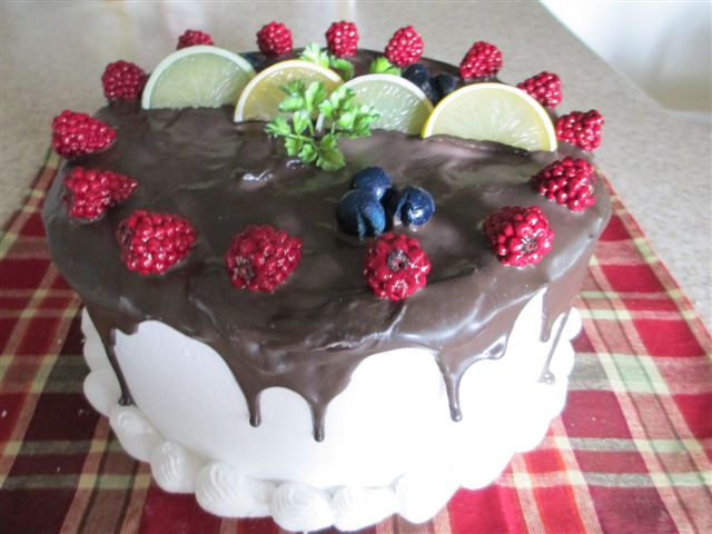 Chocolate Drizzled Fruit Topped Cake