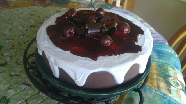 One Layer Chocolate Cherry Topped Cake