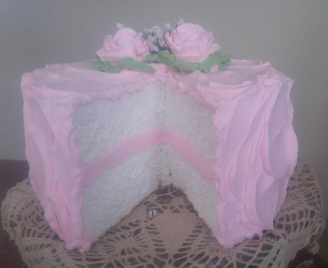 Pink Rose Topped Cake w Slice Out